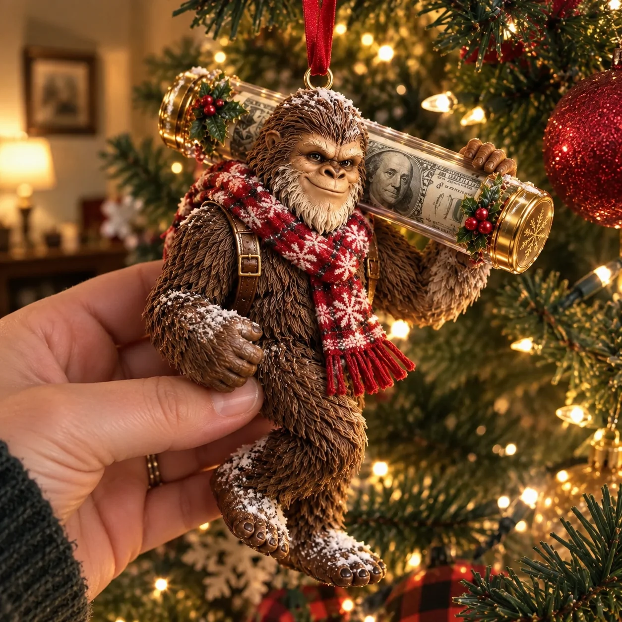 Bigfoot cash keeper hanging on Christmas tree