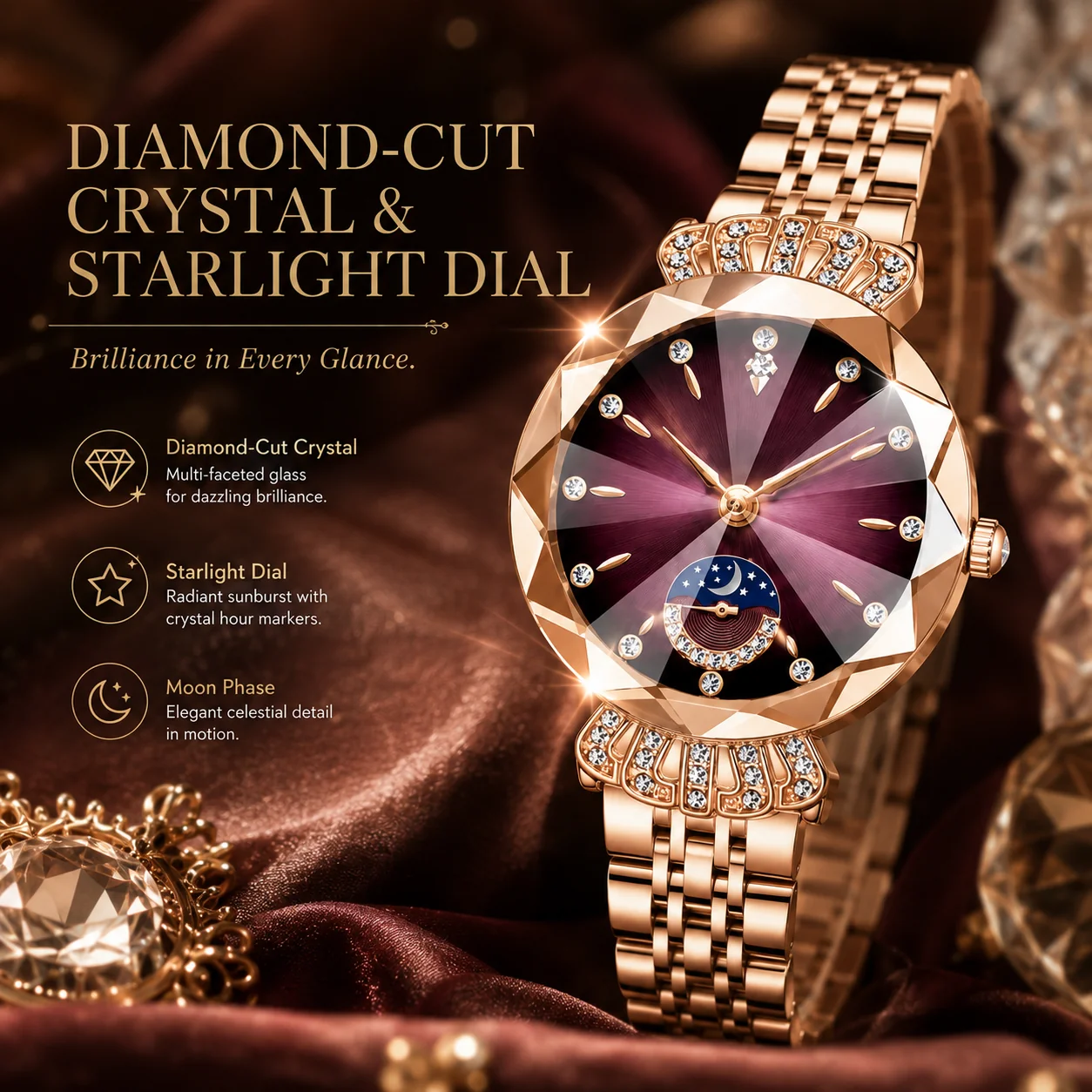 Rose gold diamond-cut watch