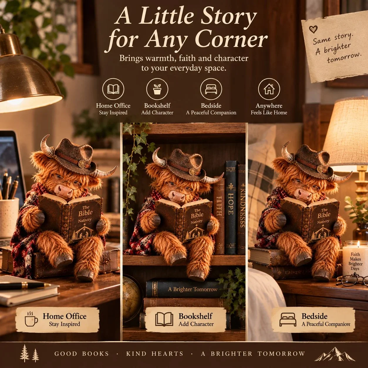 Highland cow reading decor in office bookshelf and bedside