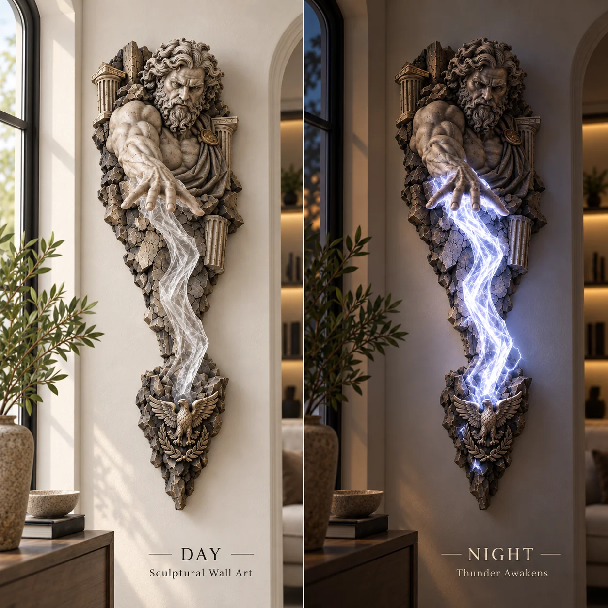 Zeus wall lamp shown in daylight with the light off and at night with the light on
