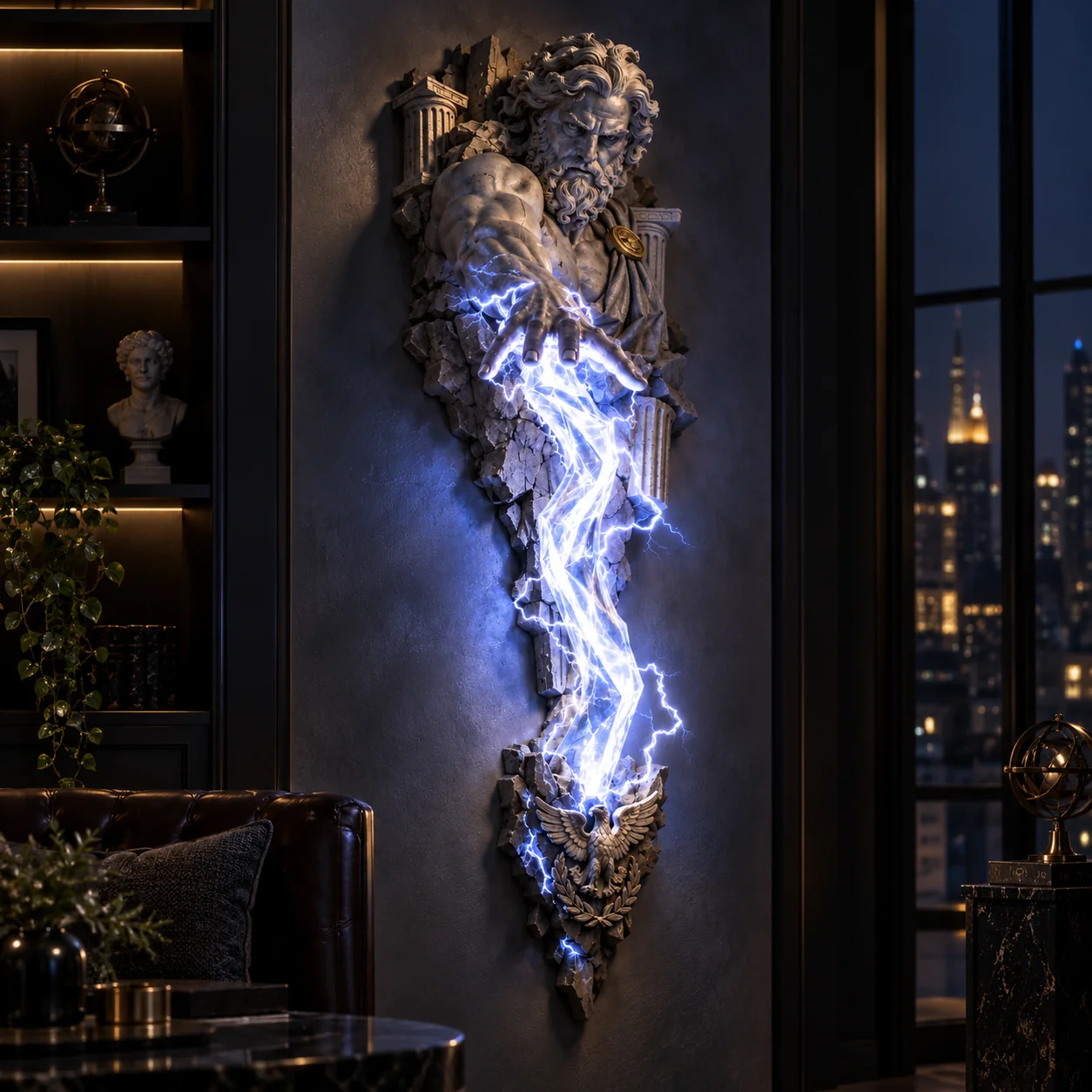 Zeus mythological wall sculpture with blue-white illumination