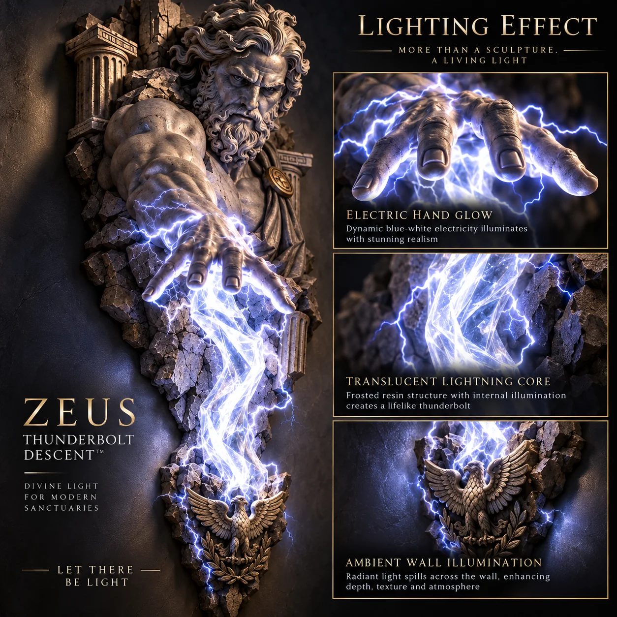 Close-up reference showing Zeus lighting around the hand, lightning form and eagle emblem