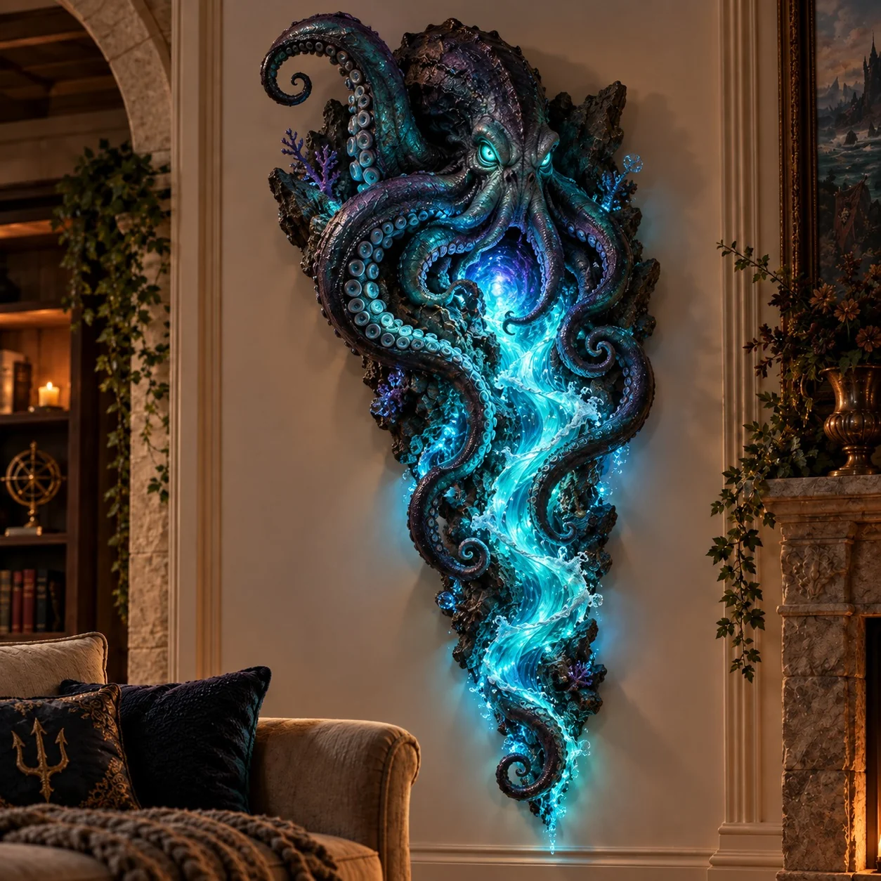 Kraken wall sculpture with curling dark tentacles surrounding a glowing cyan whirlpool