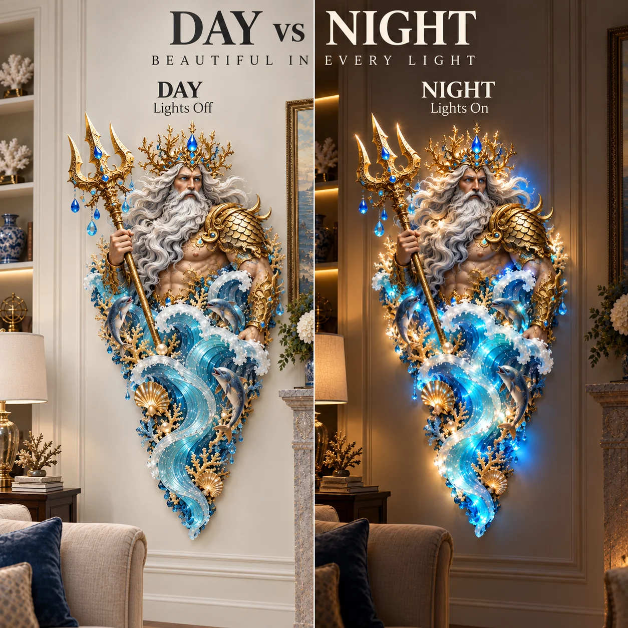 Poseidon wall sculpture shown with lights off by day and lights on at night
