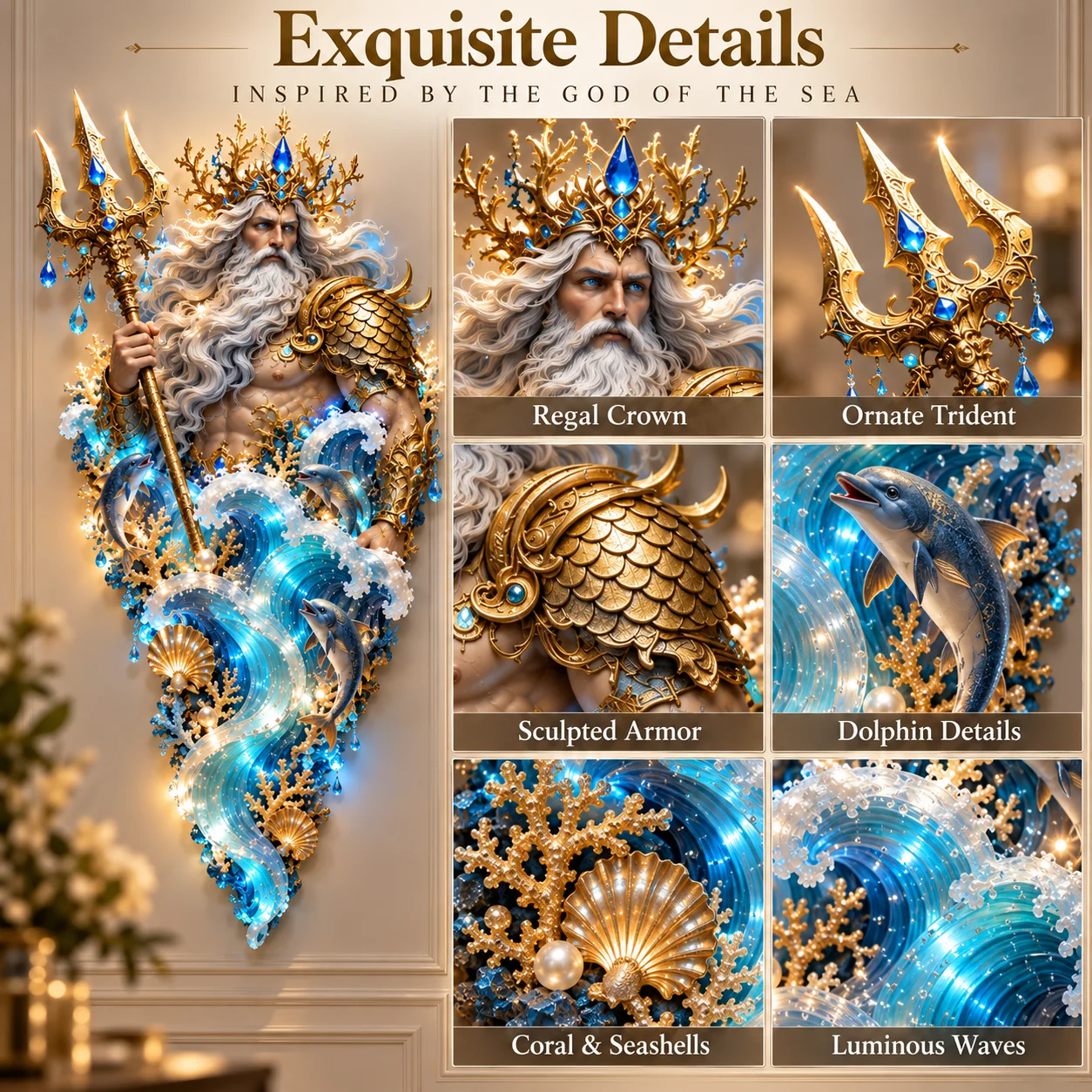 Close-up views of the Poseidon crown, trident, sculpted waves and golden details