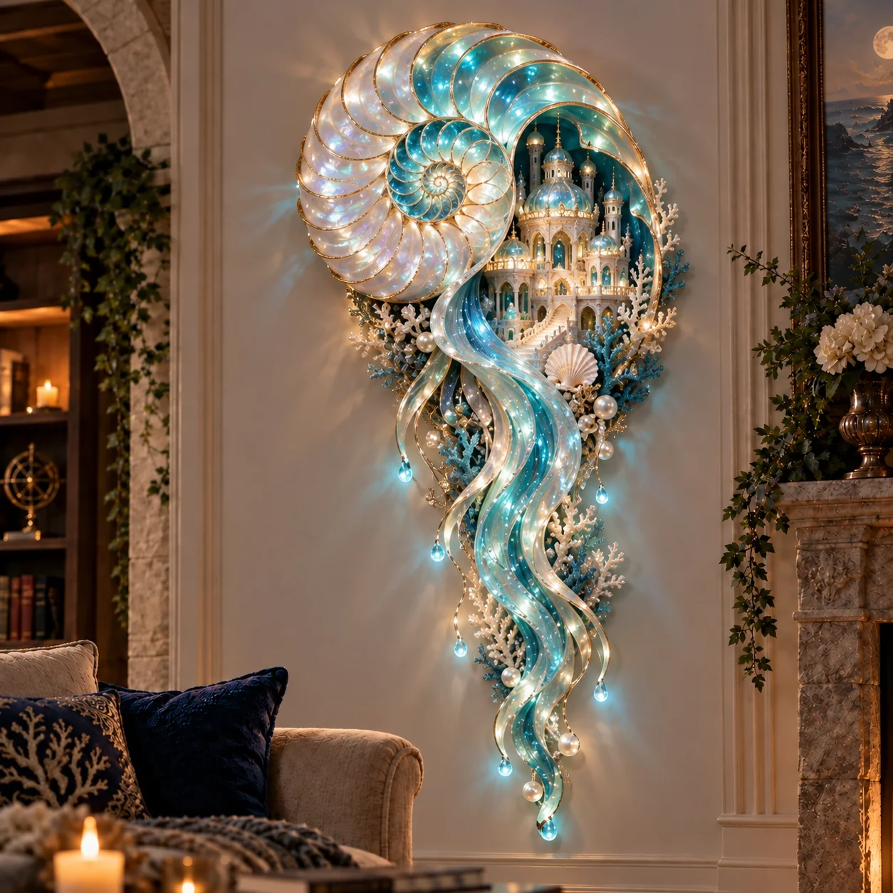 Pearlescent spiral shell surrounding a miniature underwater palace, with flowing illuminated tentacles
