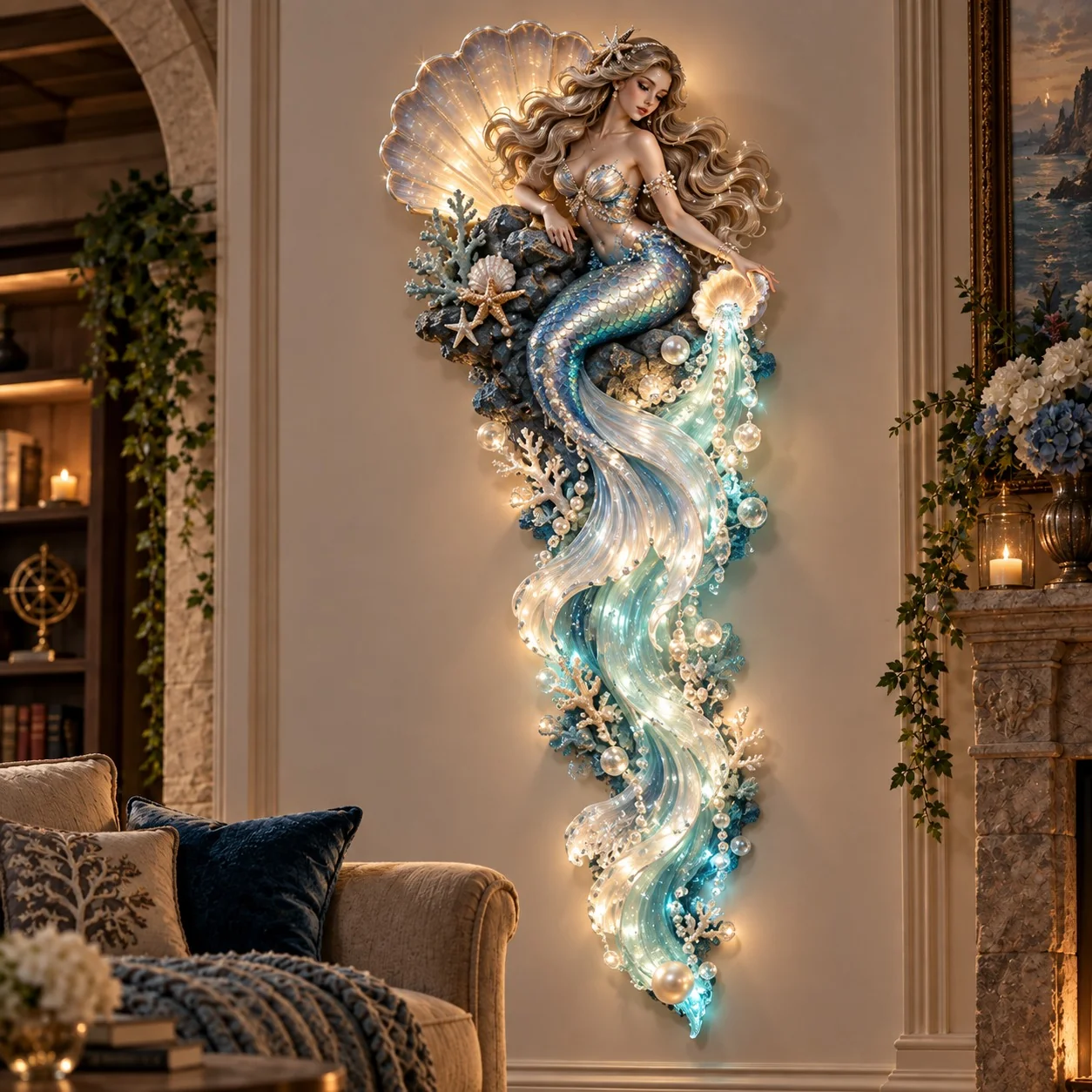 Mermaid Pearl wall sculpture with a pearlescent tail, shells, and warm glowing accents