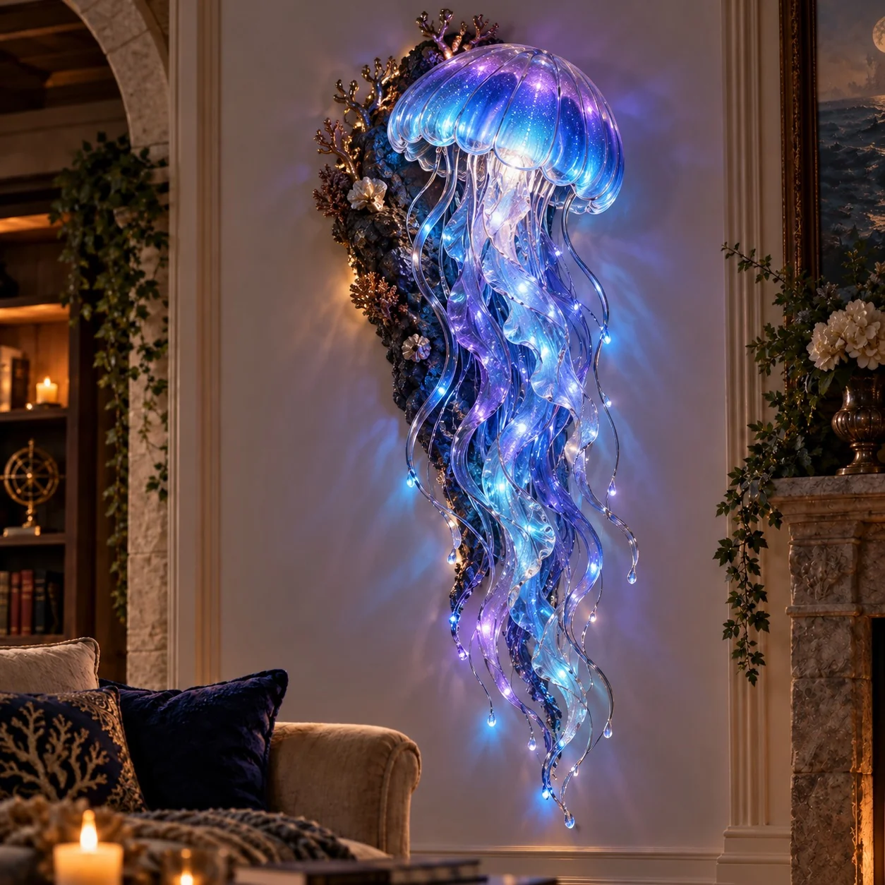 Jellyfish Dream wall sculpture with a translucent blue and violet bell and long glowing tentacles