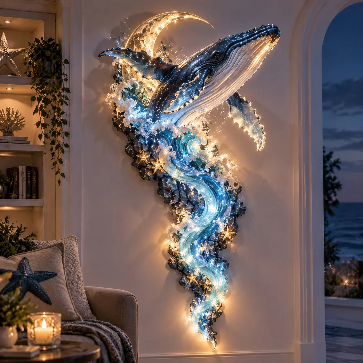 Moonlit Whale wall sculpture with a golden crescent moon and flowing blue waves
