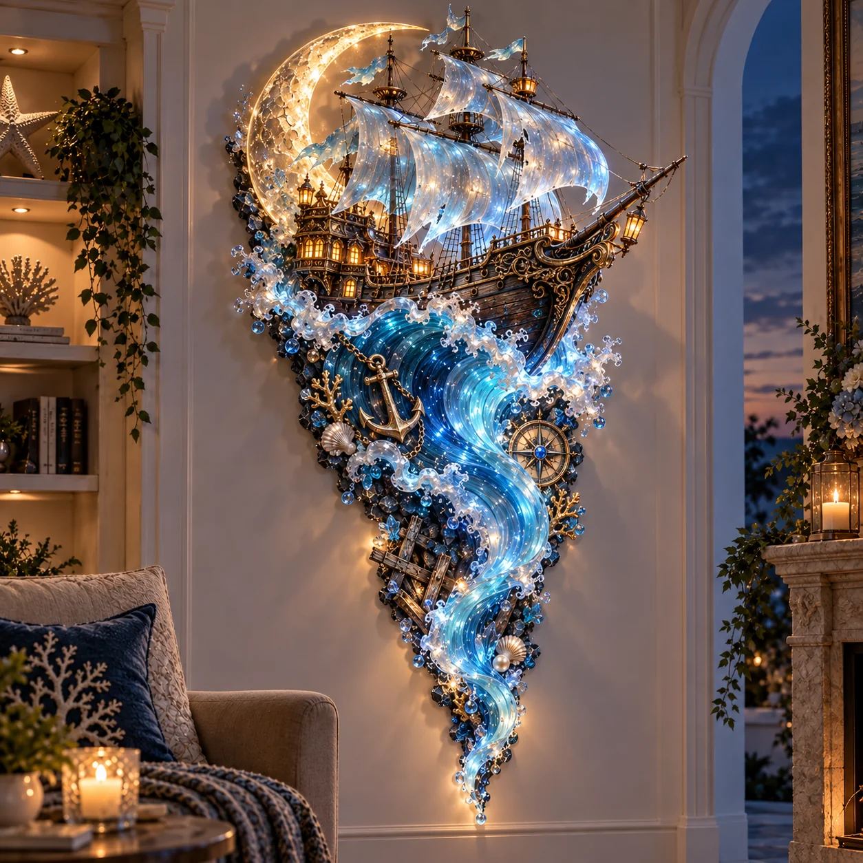 Ghost Ship wall sculpture with warm cabin lights, a golden moon, and blue waves