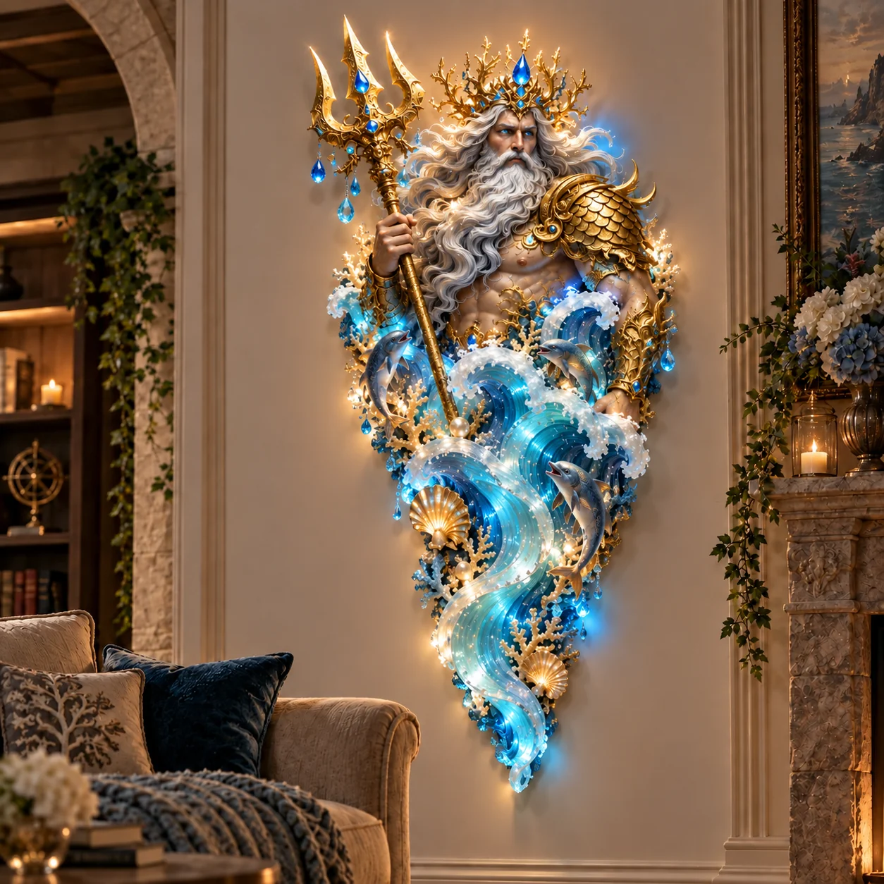 Illuminated Poseidon wall sculpture beside a stone arch and living room fireplace