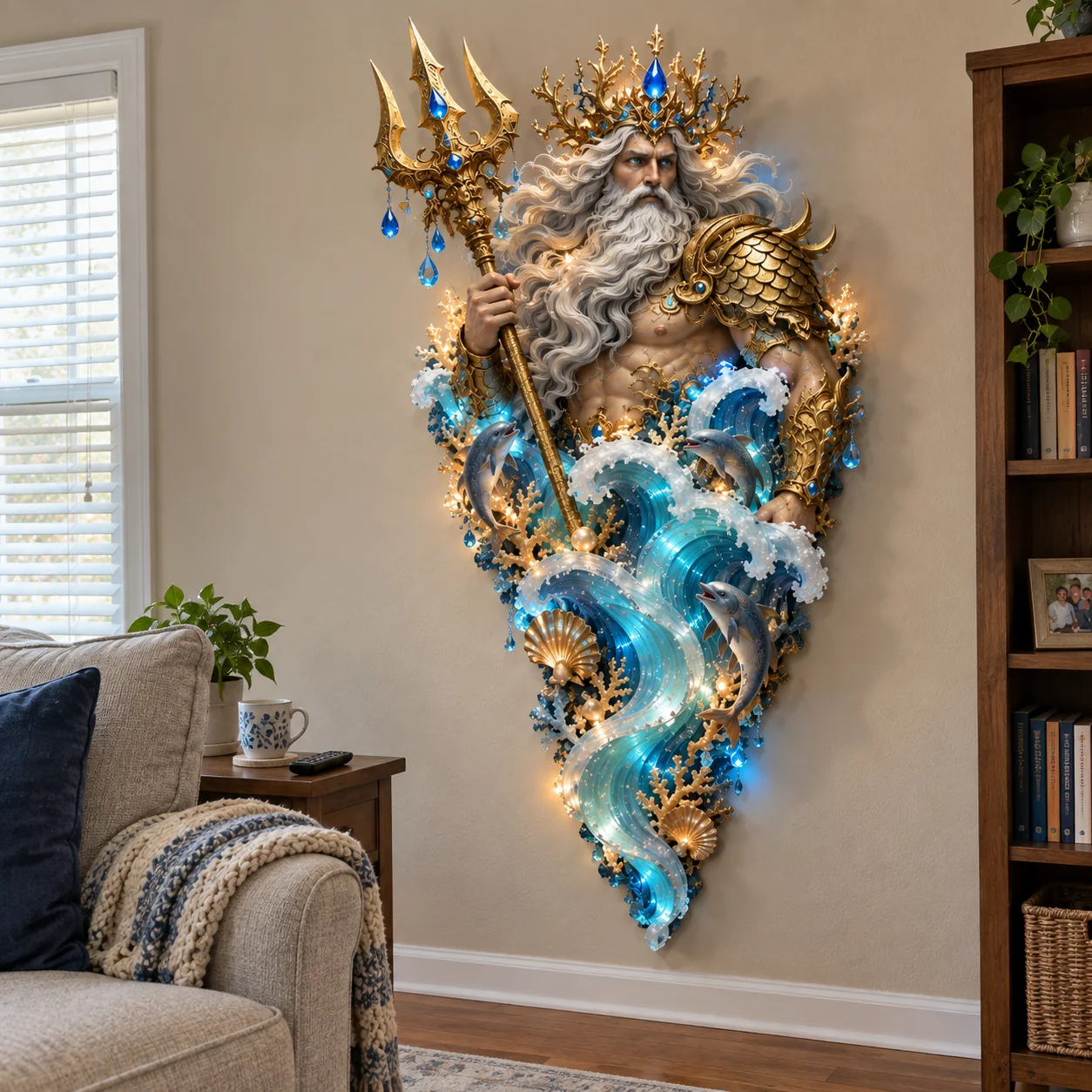 Poseidon wall sculpture with a golden crown, trident, and glowing blue waves