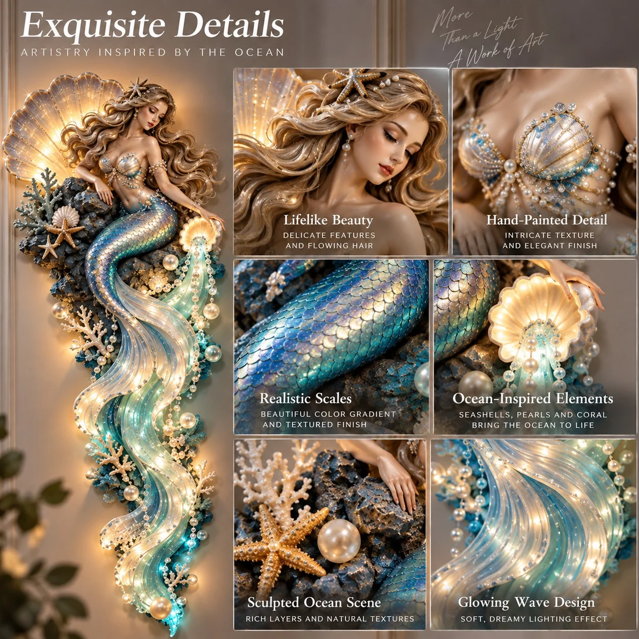 Close-up views of the Mermaid Pearl design, shell, scales and flowing ocean details