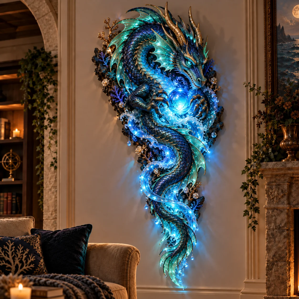Deep-Sea Guardian Dragon coiled around a glowing blue orb above flowing ocean currents