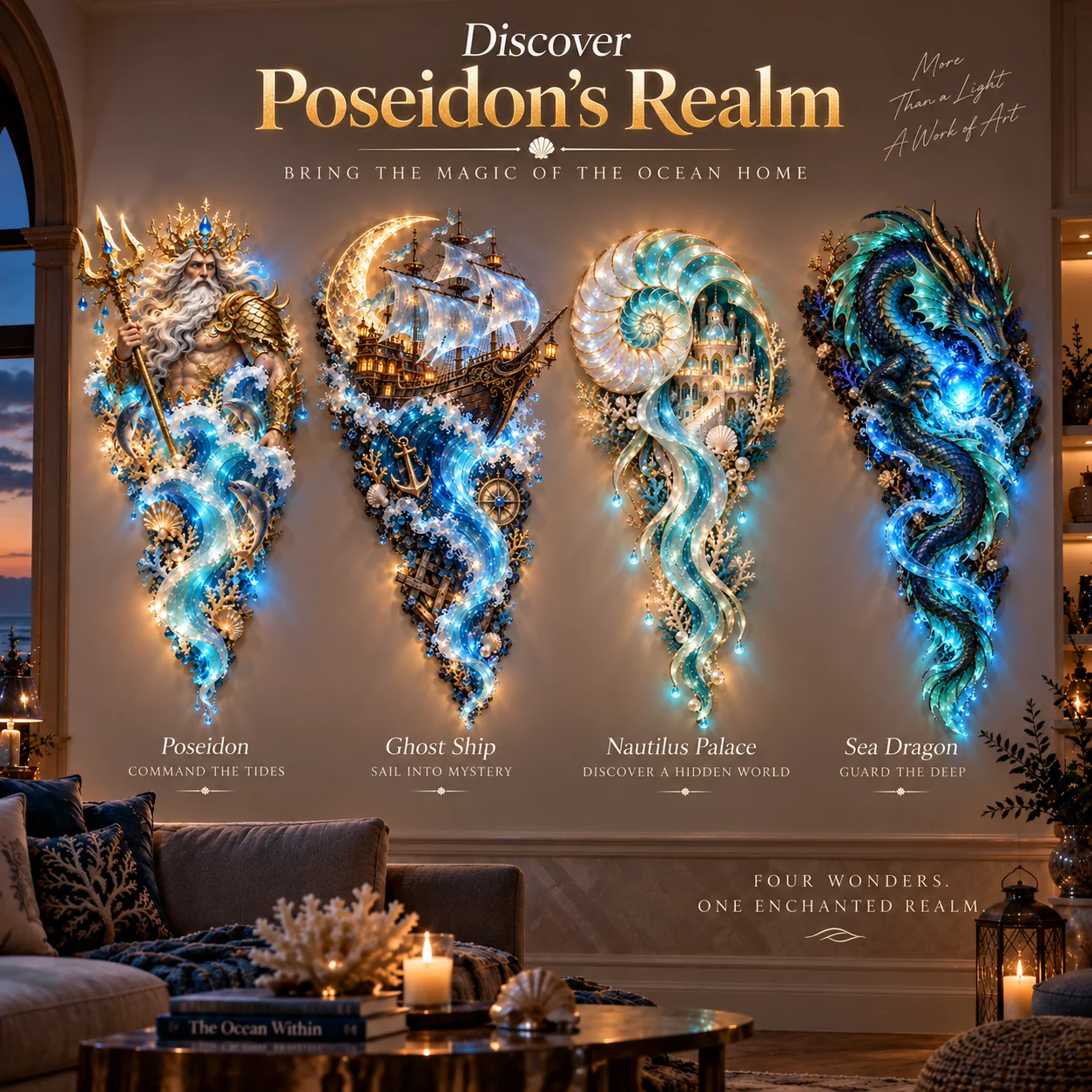 Poseidon illuminated wall sculpture in a warm living room with a stone arch and fireplace
