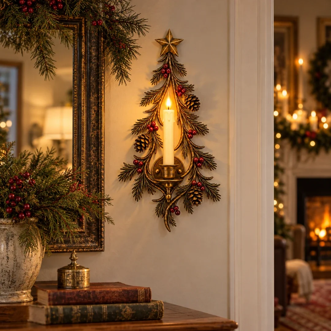 Christmas Tree Candle Sconce beside an antique mirror and console