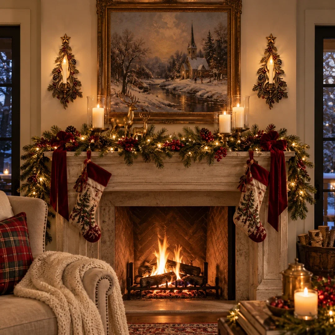 Pair of Old World Christmas Tree Candle Sconces around a fireplace
