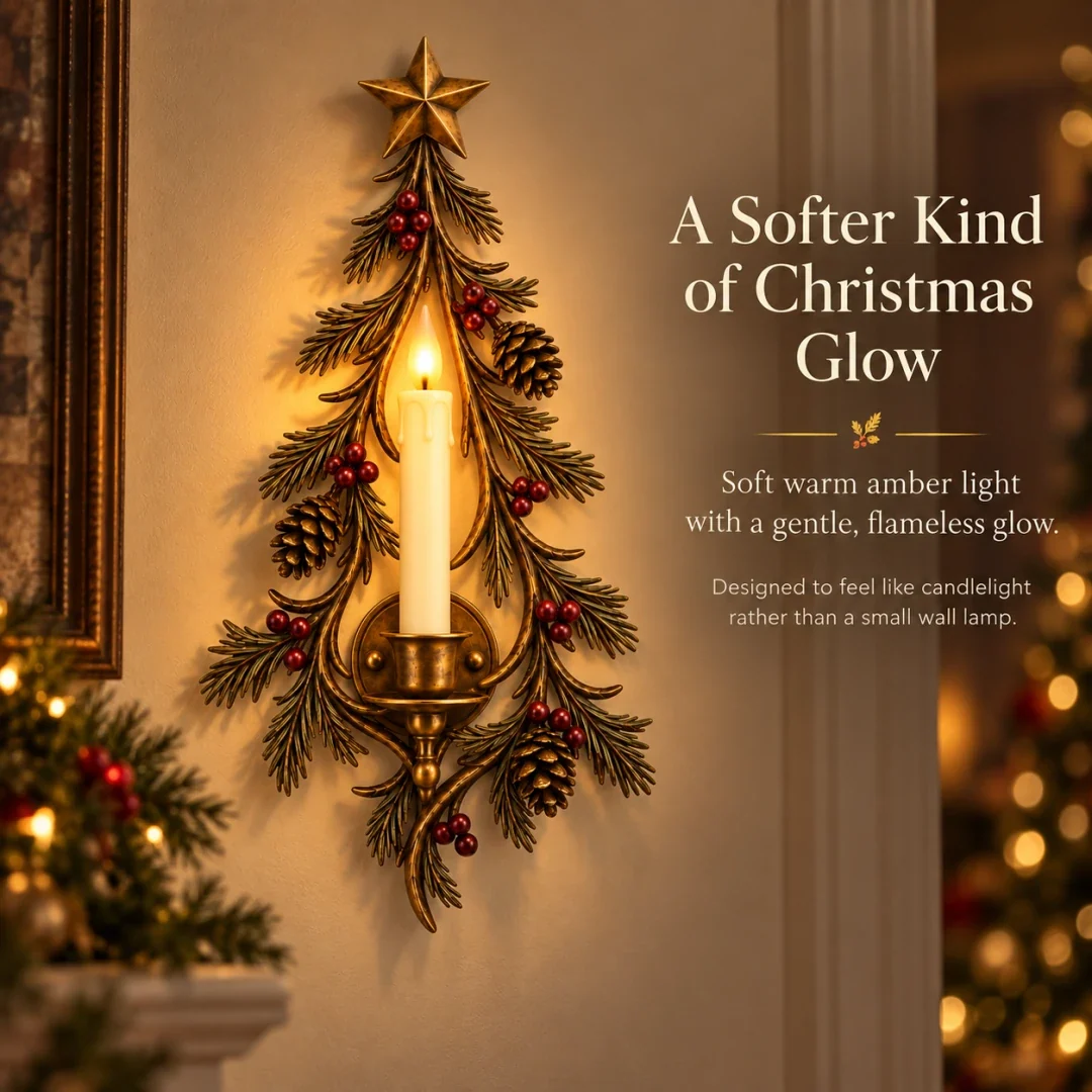 Warm amber flameless candle glowing in antique brass Christmas tree sconce