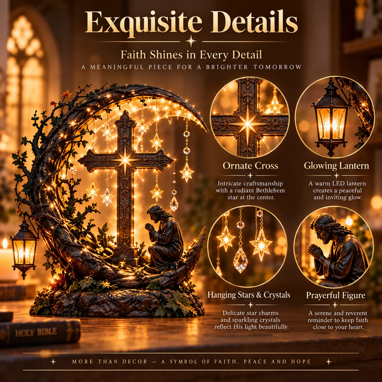 Illuminated cross decor detail close-ups