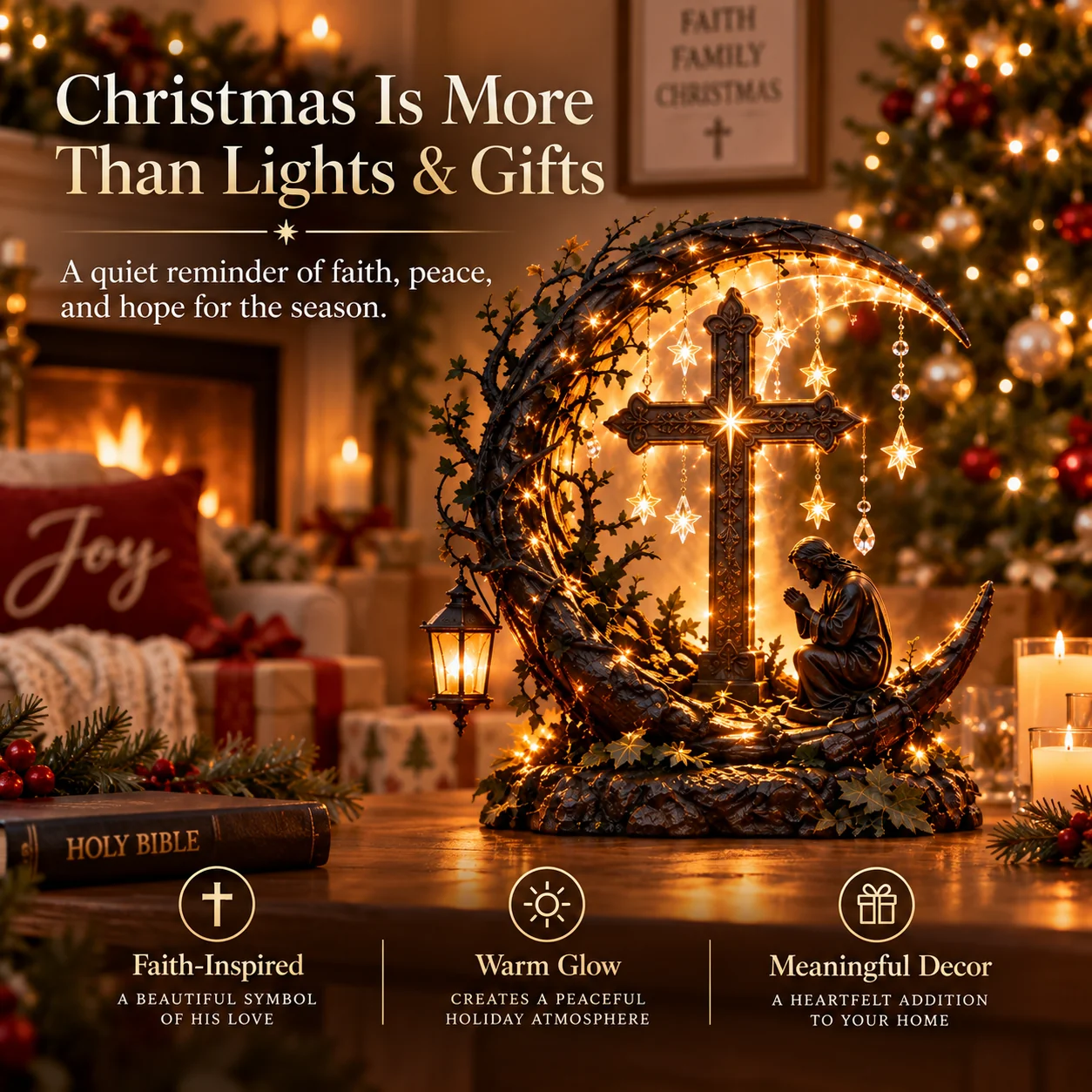 Meaningful illuminated cross Christmas home decor