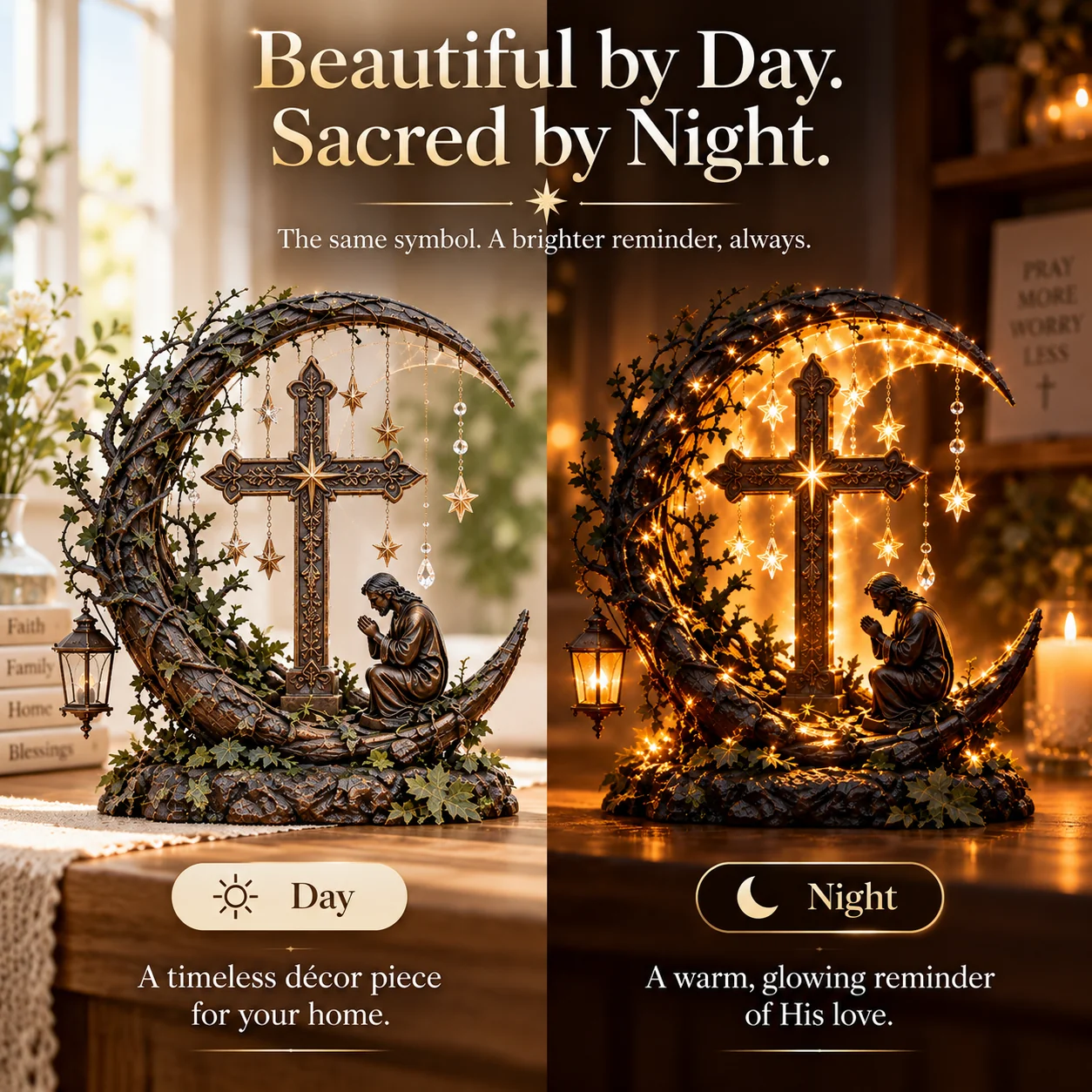 Illuminated cross tabletop decor day and night comparison