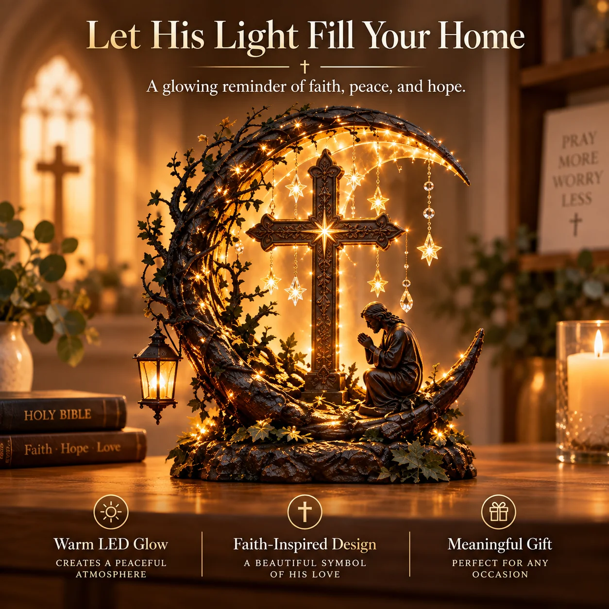 Illuminated Cross Prayer Tabletop Decor