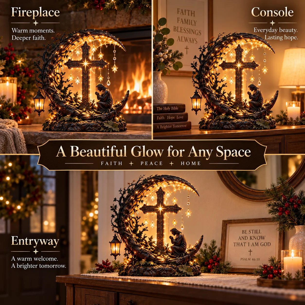 Cross prayer decor fireplace console and entryway scenes