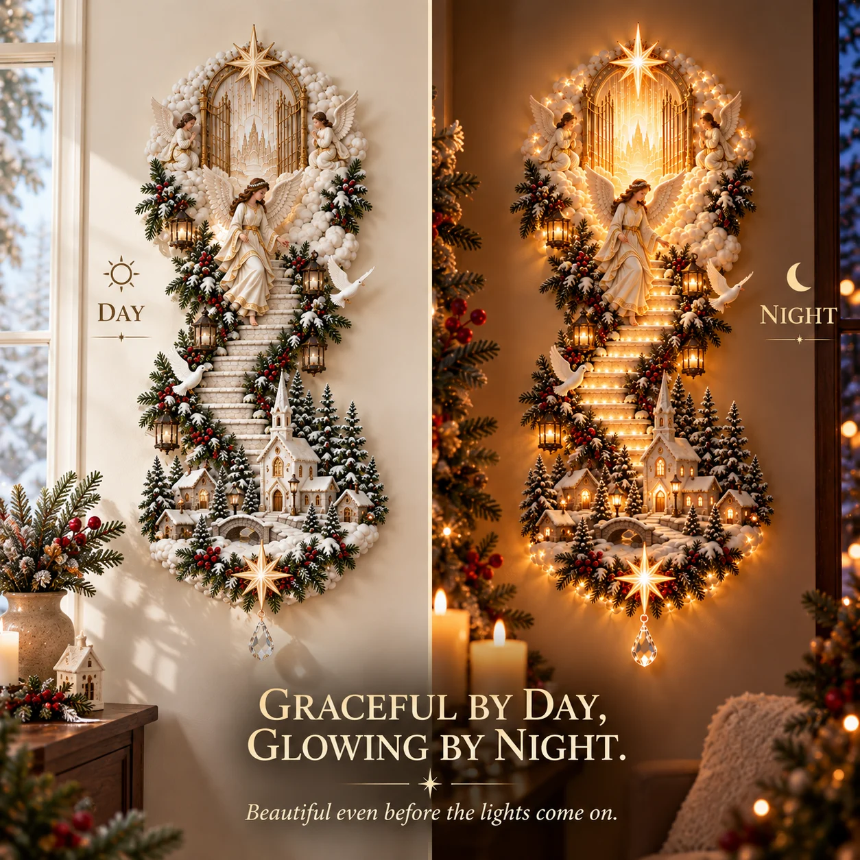 Angel Christmas Stairway Wall Hanging day and night