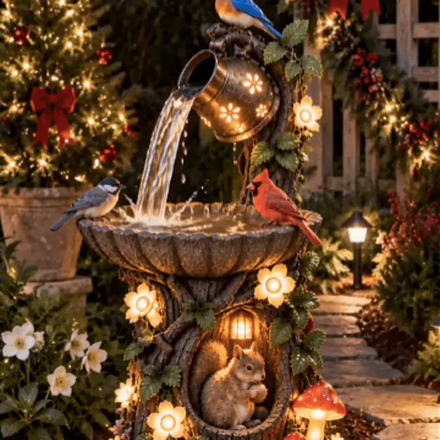 Solar birdbath fountain with flowing water in motion