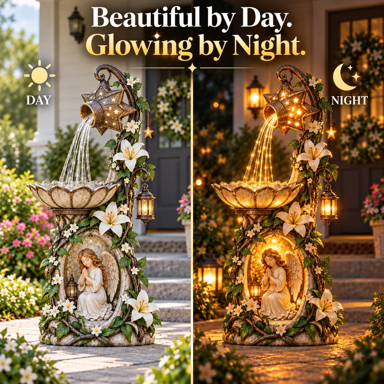 Angel Starlight Garden Fountain glowing at night