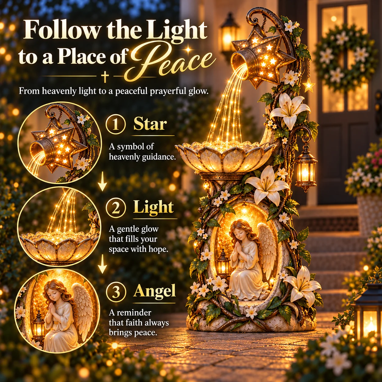 Angel Starlight Garden Fountain porch garden display