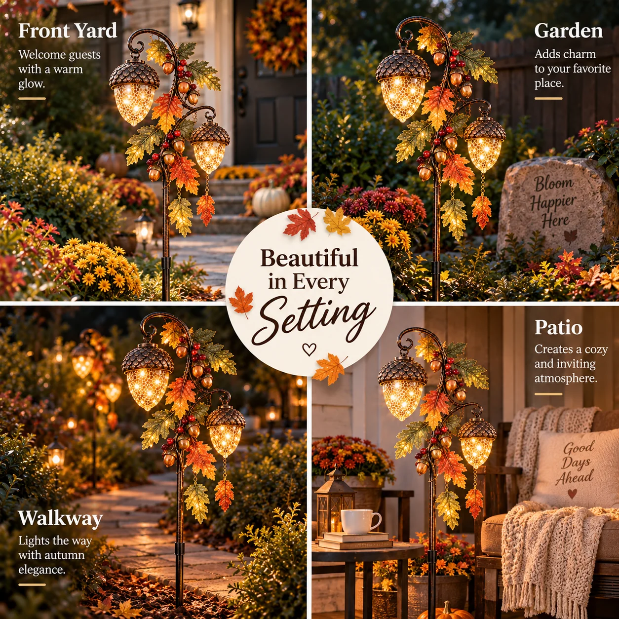 Autumn Acorn Glow in front yard garden walkway and patio