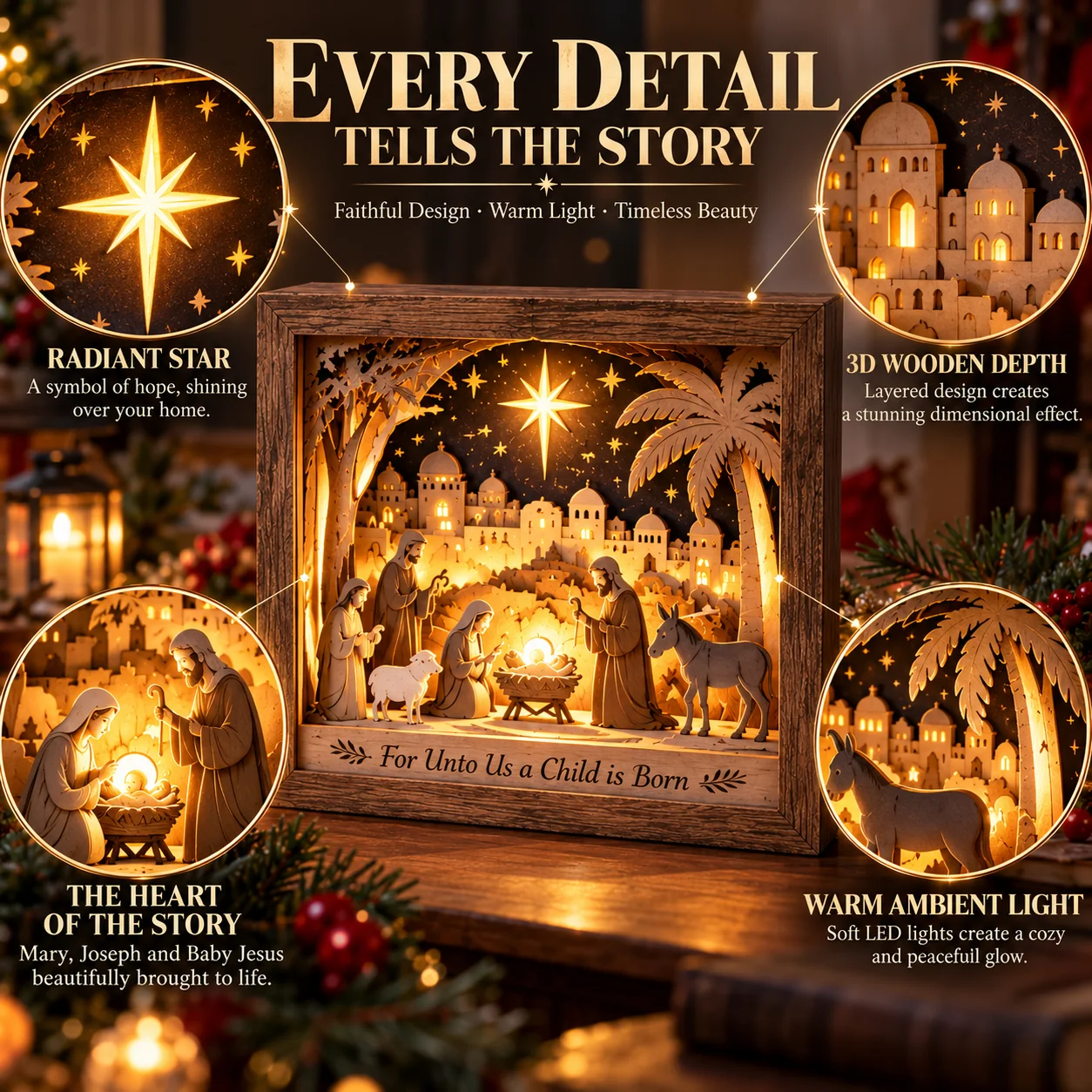 Detailed Bethlehem Star Nativity figures and layered wood design