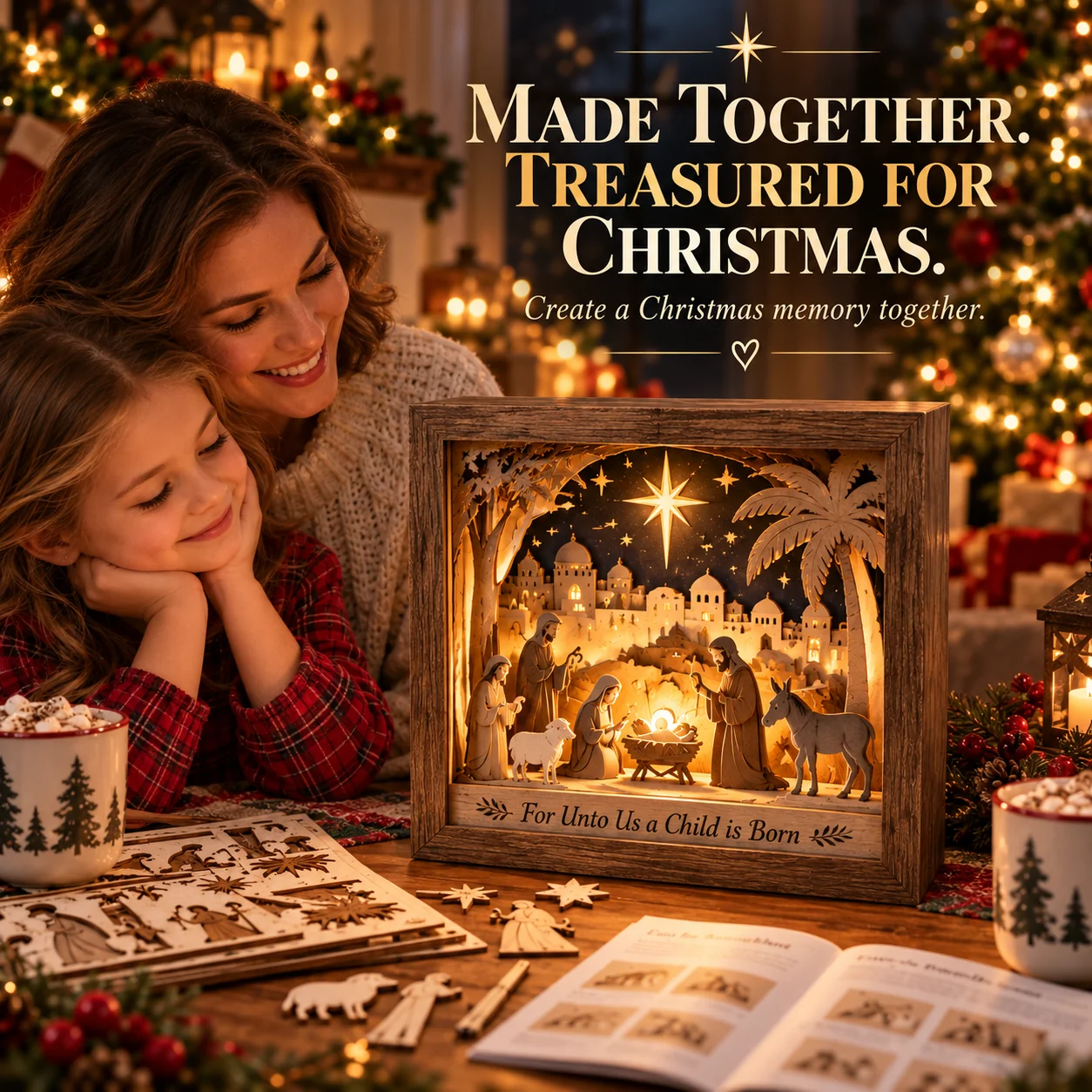 Family creating Bethlehem Light-Up Nativity Shadow Box together