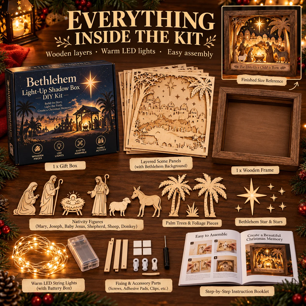 Everything included in Bethlehem Nativity Shadow Box DIY Kit