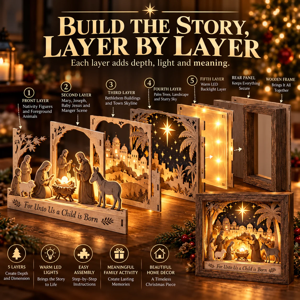Layer by layer construction of Bethlehem Nativity Shadow Box
