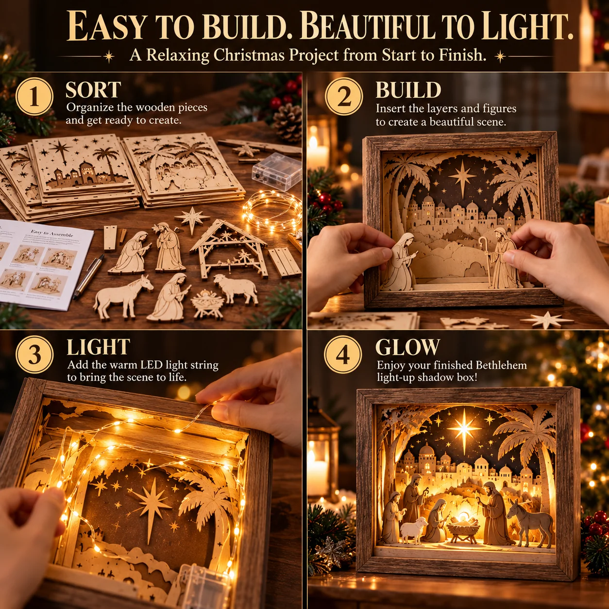 Four step assembly process for Bethlehem Light-Up Shadow Box