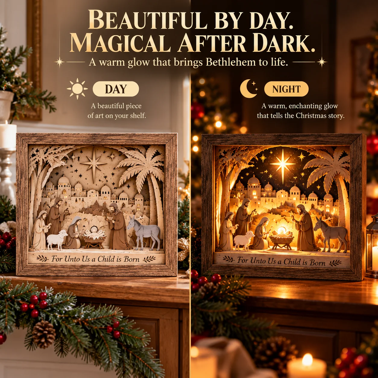 Bethlehem Nativity Shadow Box daytime and nighttime comparison