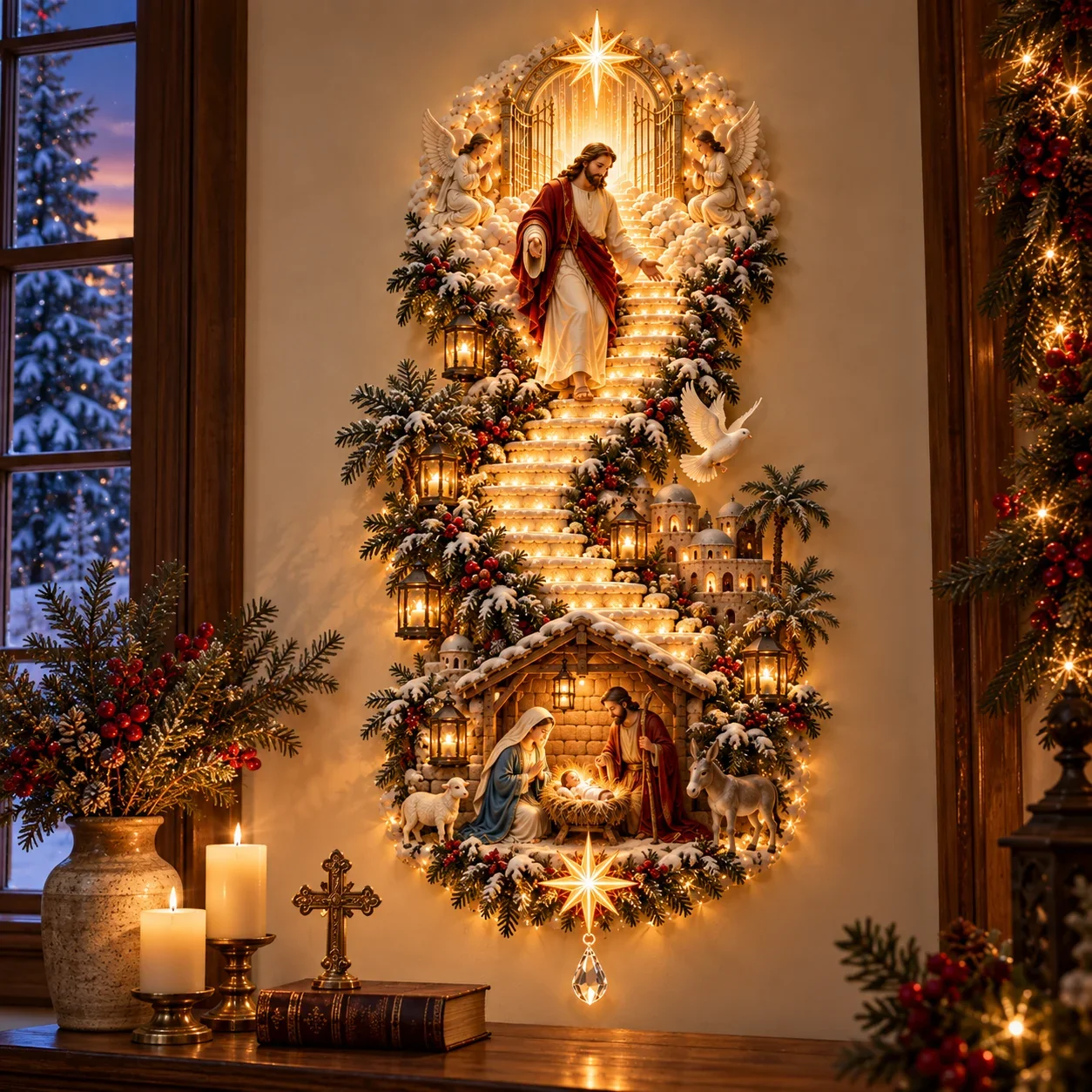 Jesus Light of Heaven Nativity Christmas wall hanging in a warm holiday interior
