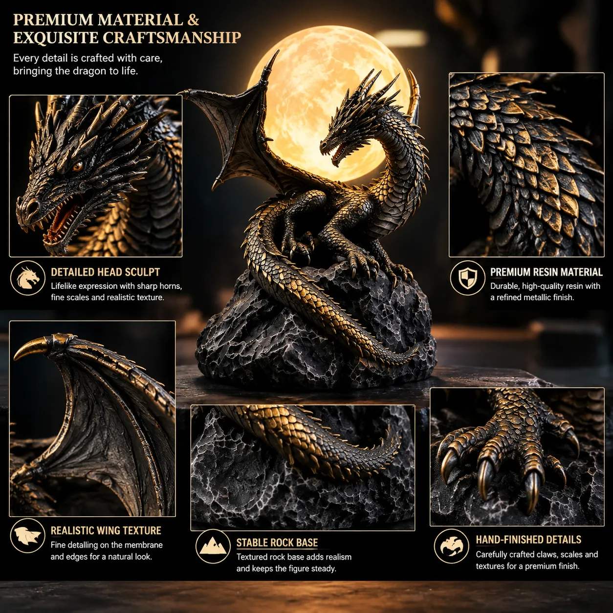 Intricate dragon resin sculpture with glowing moon orb lamp