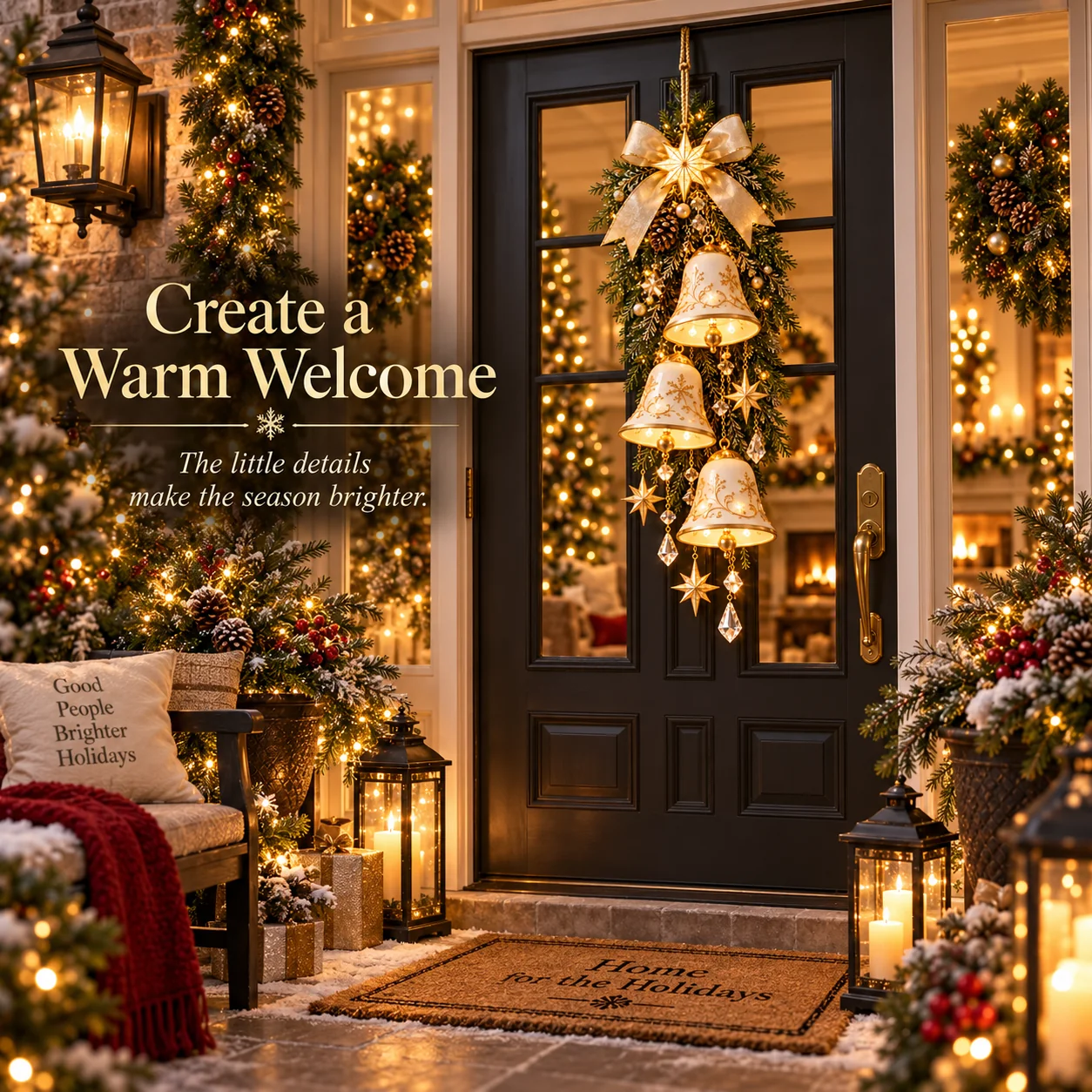 Elegant Christmas front door decorated with illuminated bells