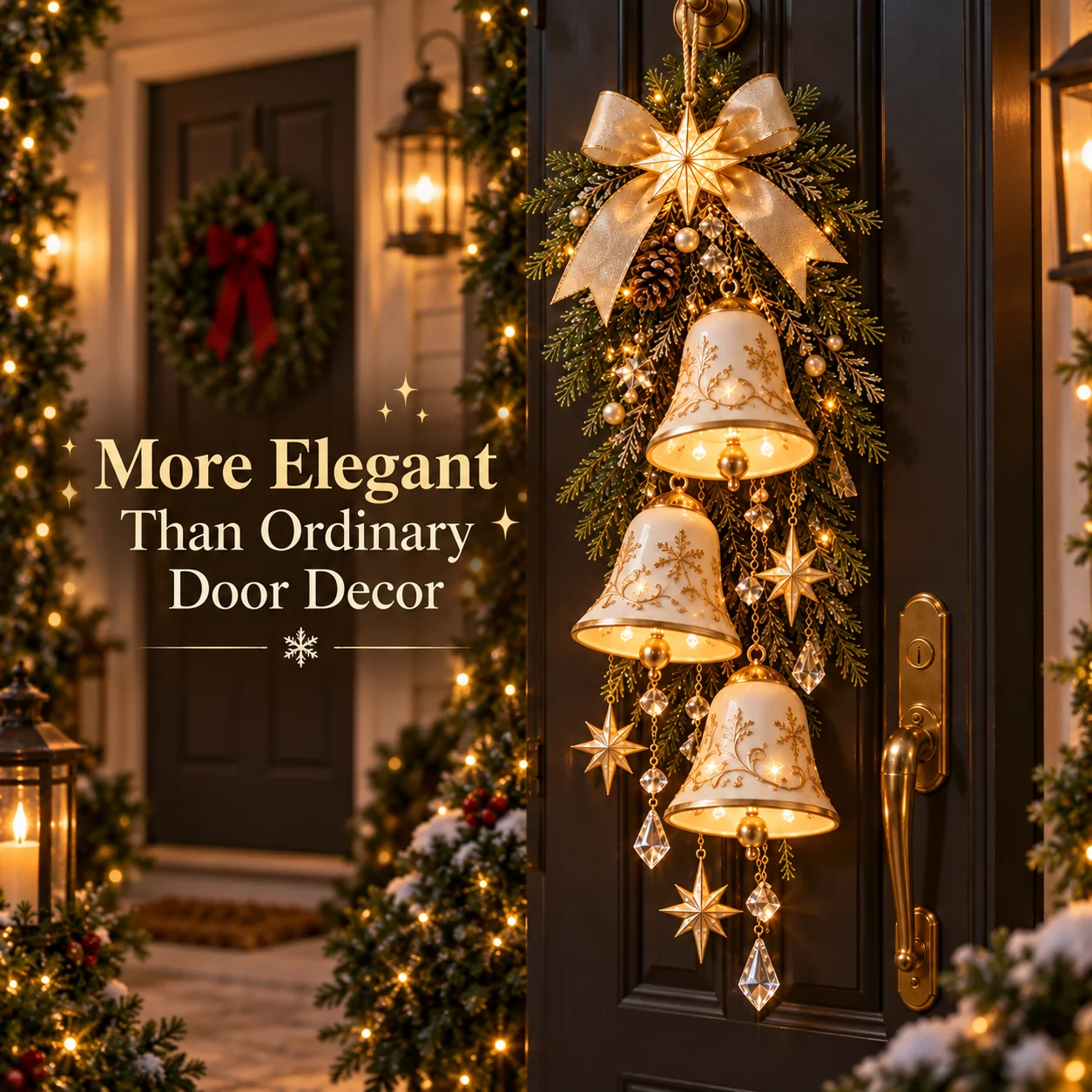 Elegant illuminated bell door decoration compared with ordinary Christmas decor