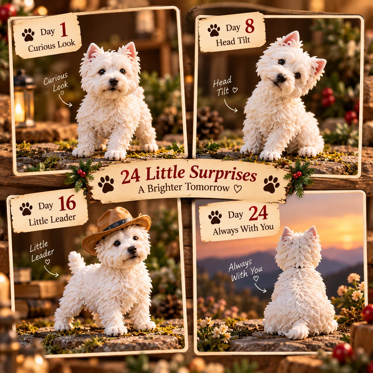 Westie collection growing from Day 1 to Day 24
