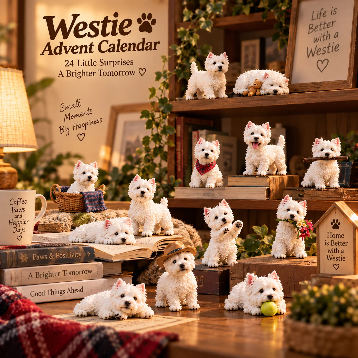 Westie figurines displayed on desk and bookshelf