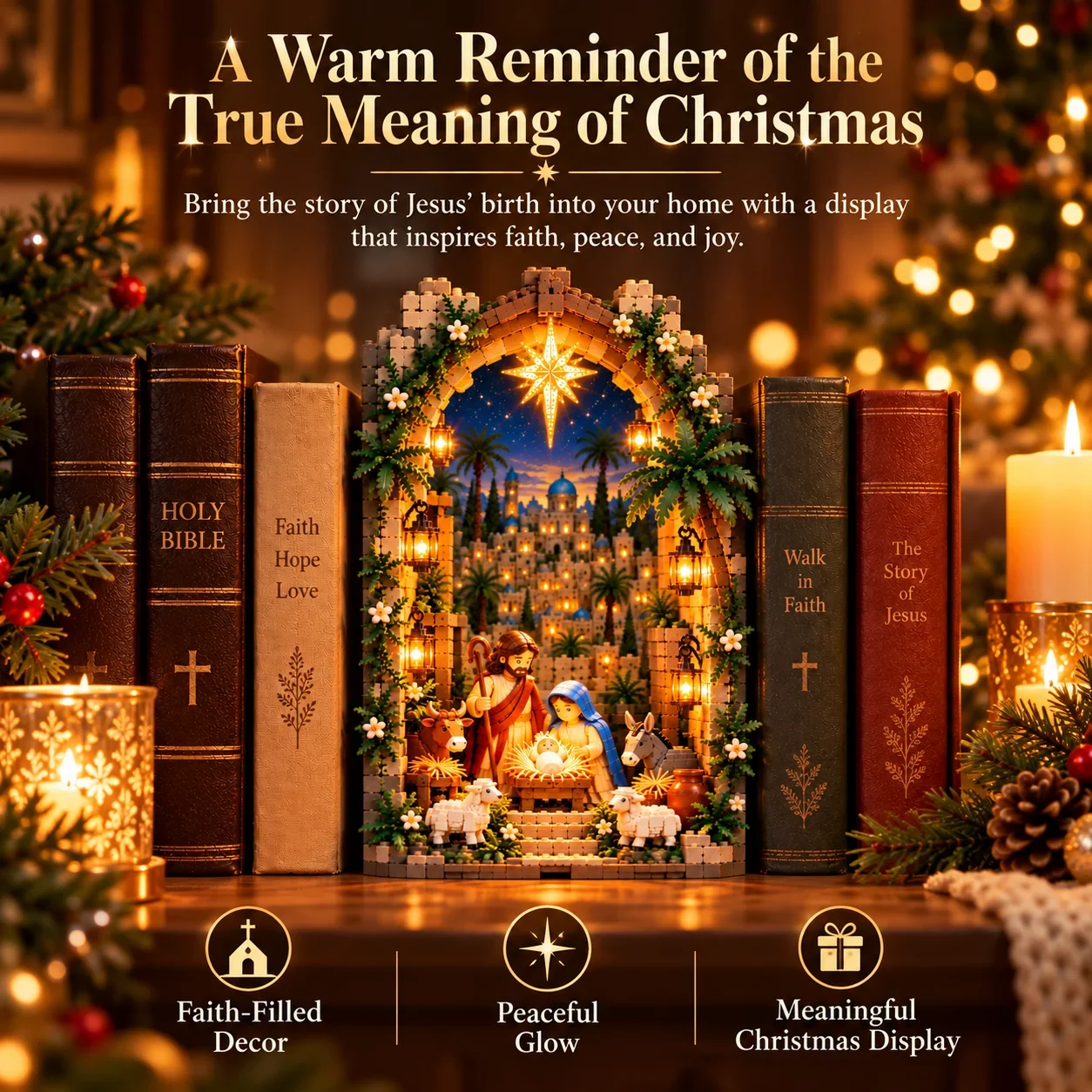 Faith-filled illuminated Bethlehem Nativity Christmas display