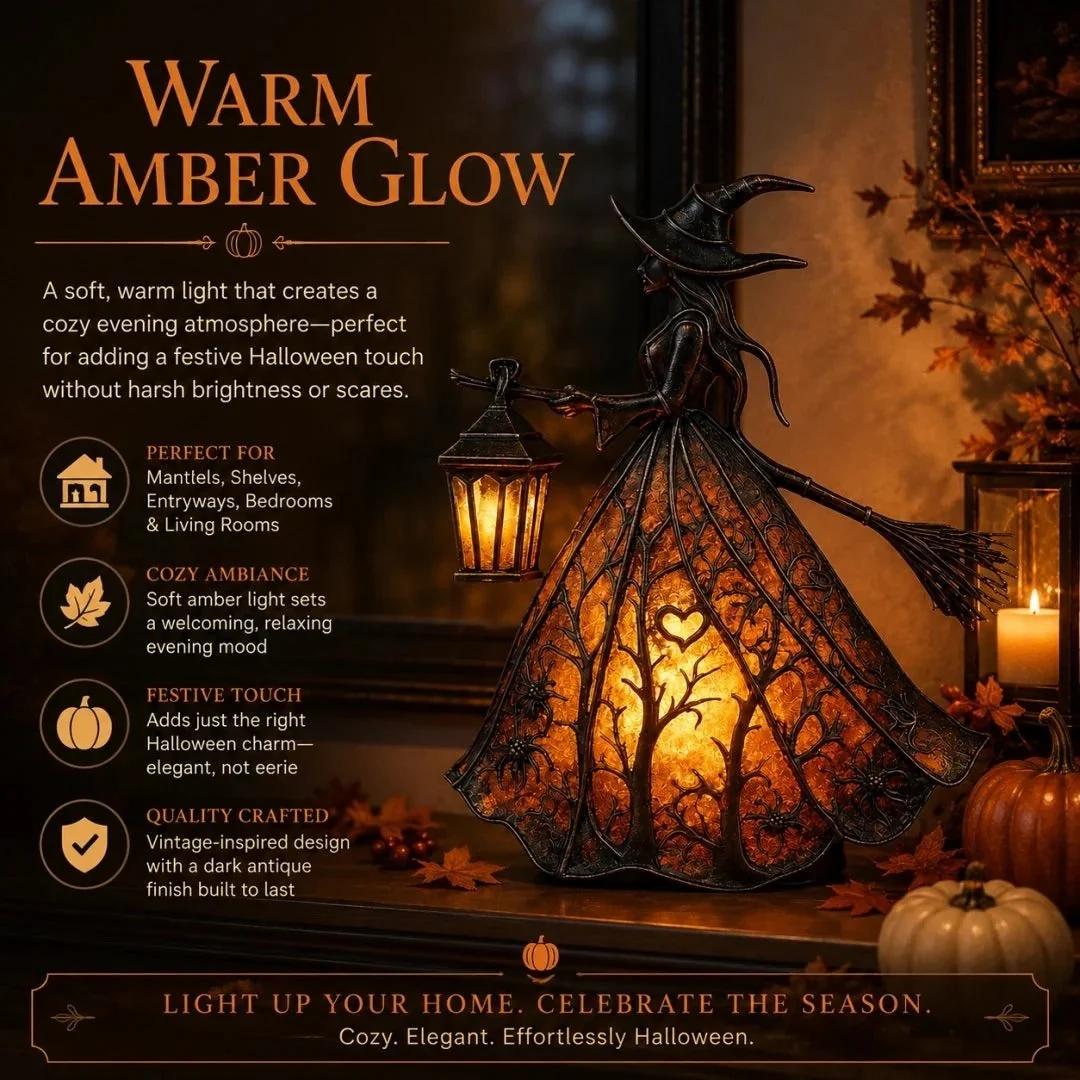 Warm amber Halloween witch lamp in a cozy fall interior