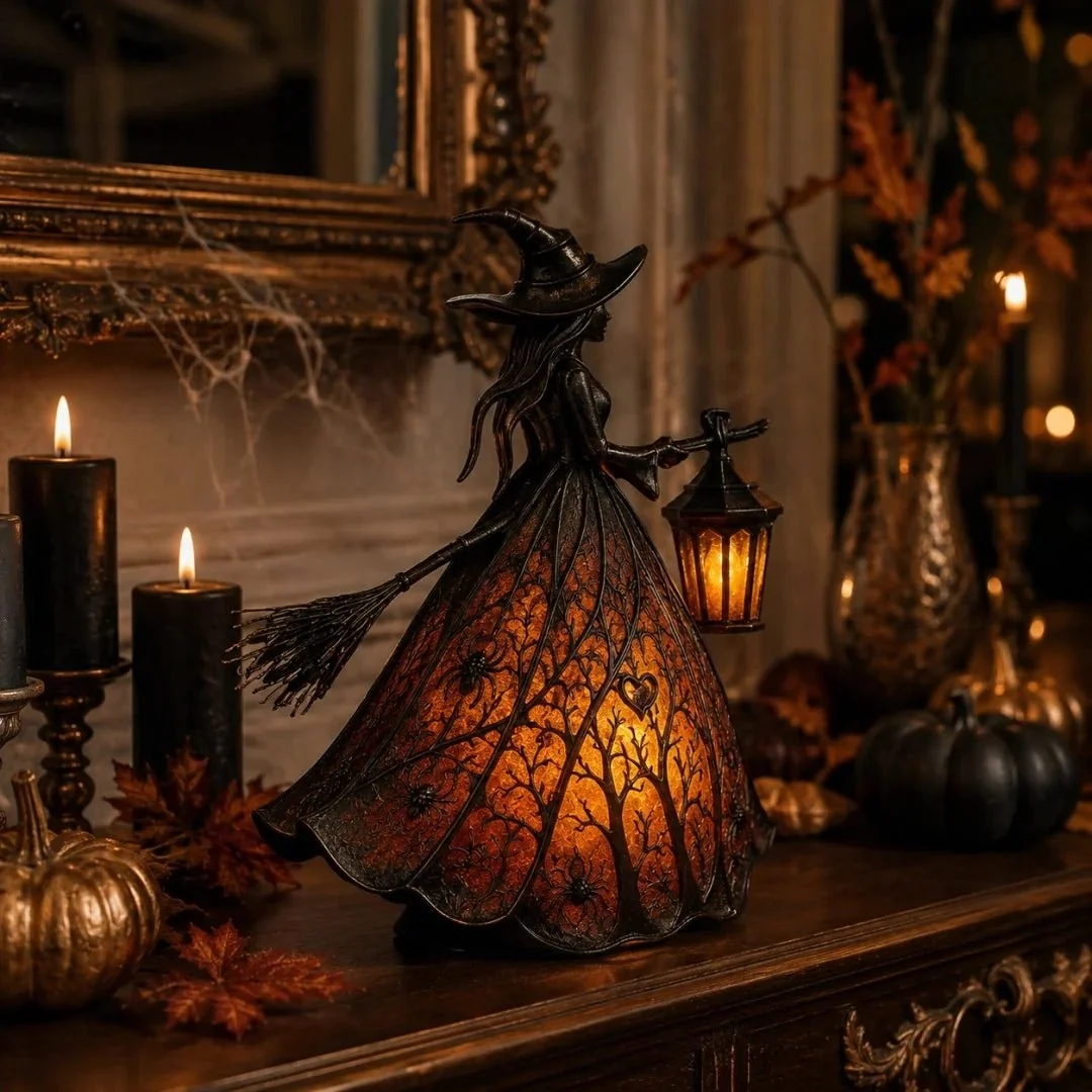 Vintage witch lantern decoration displayed on an elegant Halloween mantel