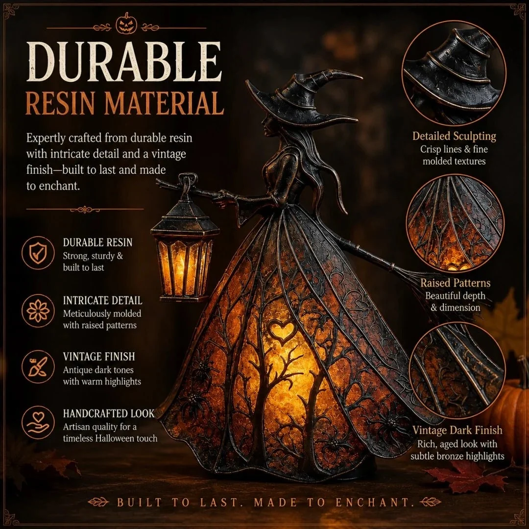 Detailed resin material and vintage finish of Halloween witch lamp