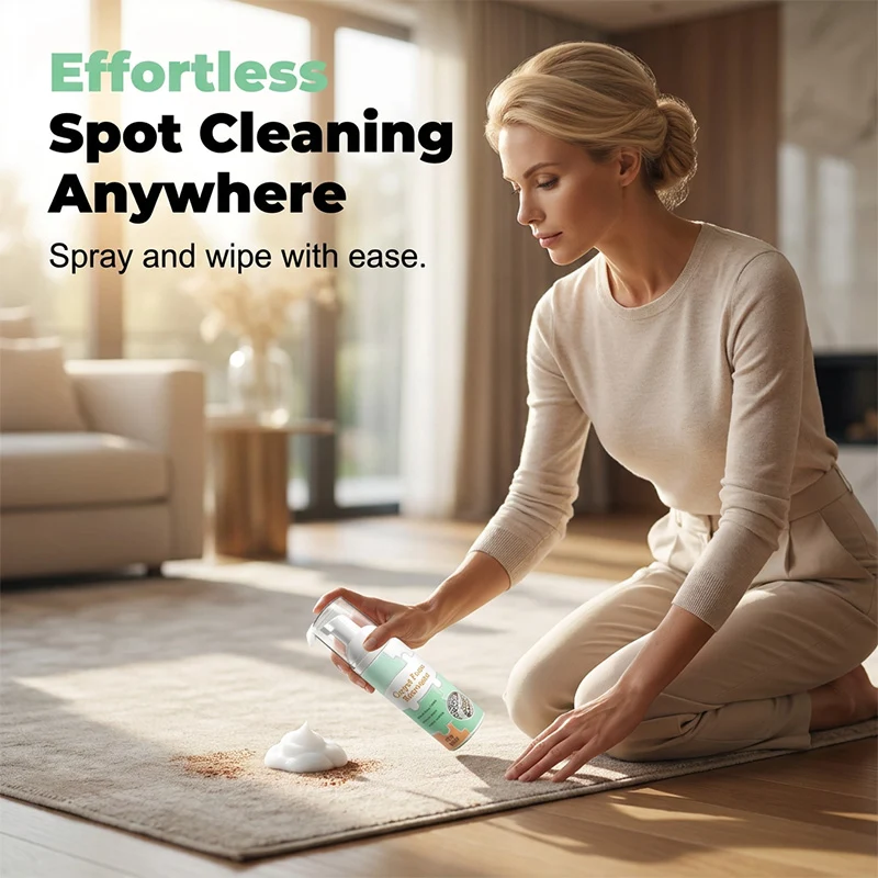 Applying carpet foam cleaner to a rug
