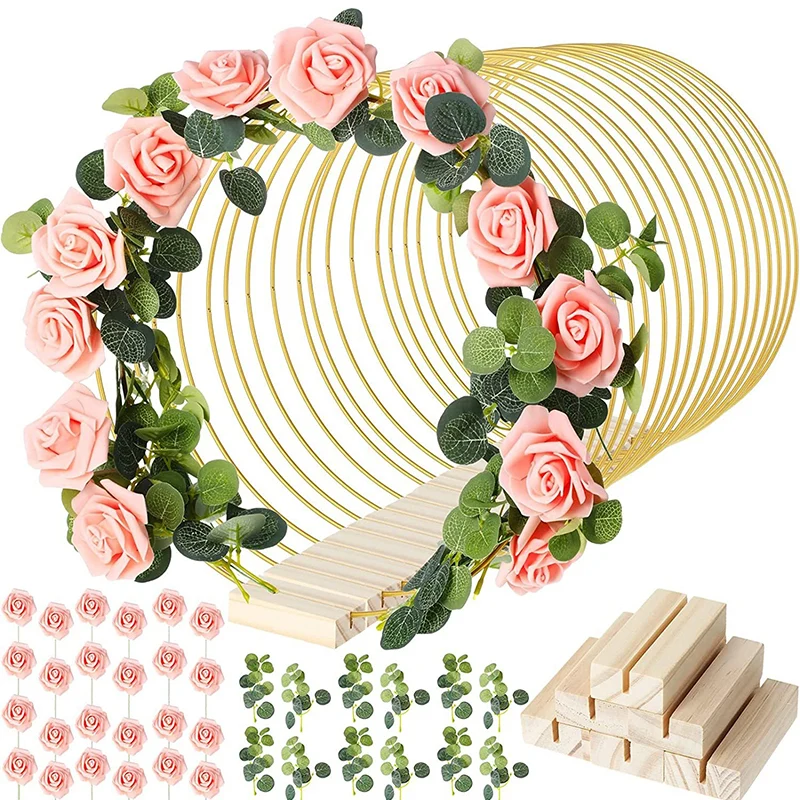 Gold-Tone Decorative Hoop with Wooden Stand – LED String Included